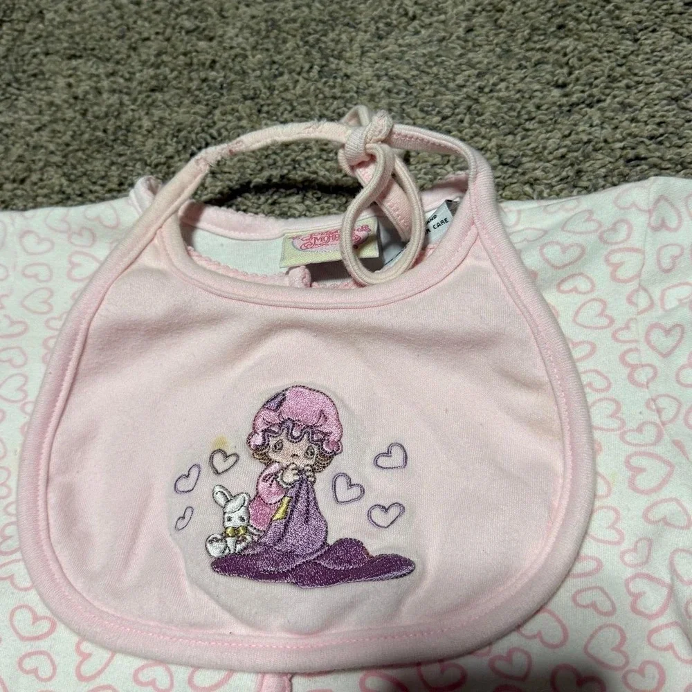 Vintage Precious Moments Baby Romper Bib Set 6/9M Pink Hearts Ruffle Bunny